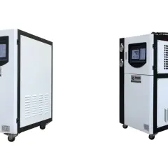 Dos unidades de refrigeración por agua Lesintor, con pantallas digitales y manómetros, listas para optimizar la temperatura.