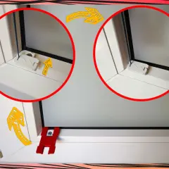 Szczegóły montażu rolety plisowanej: uchwyty mocujące przy ramie okna, strzałki wskazują kierunek instalacji.