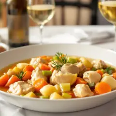 Un plat de poule au pot réconfortant, garni de carottes et de pommes de terre, accompagné de vin blanc et rouge.