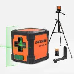 Niveau laser JORGENSEN avec croix verte projetée. Inclut trépied, piles et support. Un outil précis pour tout bricoleur.