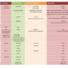 Tabela wyników badań: trójglicerydy norma 0-149. Inne parametry to BMI, ciśnienie, glukoza, cholesterol.