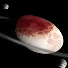 Okrążana pierścieniem planeta karłowata Haumea z dwoma księżycami na czarnym tle kosmosu.