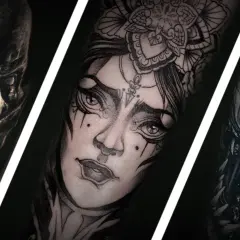 Drei detaillierte Blackwork Tattoos am Bein: ein gruseliges Monstergesicht, eine Frau mit Blumenkranz und ein weiteres furchteinflößendes Wesen.