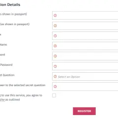 Formularz rejestracji wh: imię, nazwisko, email, nazwa użytkownika, hasło, potwierdzenie hasła, pytanie pomocnicze i odpowiedź.