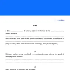 Aneks do umowy najmu nieruchomości. Dokument określa strony umowy i zmiany, chroniąc przed karą za wynajem bez umowy.