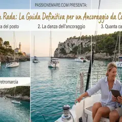 Coppia su barca studia la migliore posizione per l'ancoraggio in una baia con altre barche.