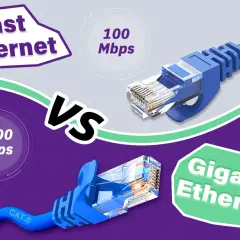 Vergleich von Fast Ethernet (100 Mbps) und Gigabit Ethernet (1000 Mbps) mit Netzwerkkabeln.
