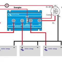 Schemat pokazuje, jak podłączyć dwa akumulatory do ładowania za pomocą izolatora akumulatorów Victron Energy i alternatora.