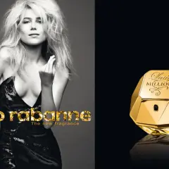 Złoty flakon perfum Lady Million Lucky obok kobiety w błyszczącej sukience.