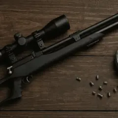 Carabine à air comprimé noire avec lunette et boîte de plombs sur fond de bois.