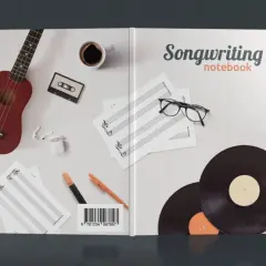 Ideas para cómo hacer una portada de cuaderno de composición musical: ukelele, café, casete, partituras, gafas, vinilos.