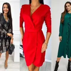 Trzy eleganckie sukienki: czarna wzorzysta, czerwona kopertowa i zielona z falbanami.