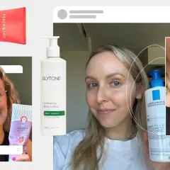Kvinna visar hudvårdsprodukter för keratosis pilaris ansikte. Glytone, La Roche-Posay och First Aid Beauty.