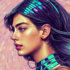 Portret kobiety z niebieskimi oczami i fioletowymi włosami, ozdobionymi neonowymi pasemkami. Jej szyję otacza futurystyczny kołnierz. Całość wygląda jak obraz widziany przez kolorową **lensa**.