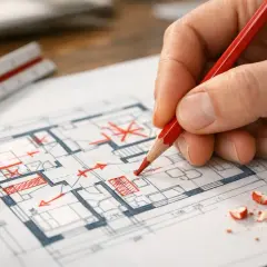Rysowanie czerwonym ołówkiem na planie domu. Widać fragmenty adaptacji projektu gotowego, linijkę i okruchy grafitu.