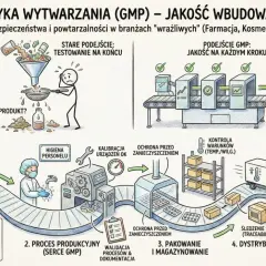 Schemat ilustruje proces GMP, gdzie jakość jest budowana na każdym etapie, od surowców po dystrybucję, zapewniając bezpieczeństwo i powtarzalność.