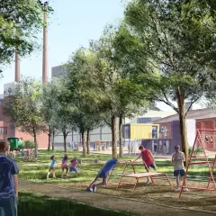 Grüne Oase mit Spielplatz und Sportgeräten auf dem Gelände der ehemaligen Zanders Papierfabrik in Bergisch Gladbach.