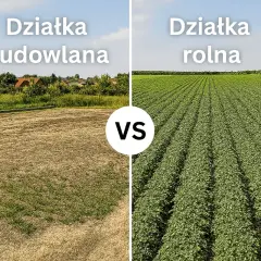 Działka budowlana z domami w tle kontra rozległa działka rolna z rzędami zielonych roślin.