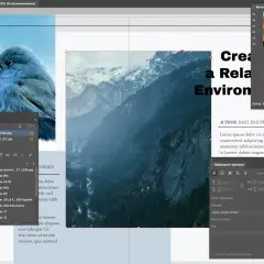 Projekt w **Adobe Design**: ptak na tle gór, z panelami warstw i linków.