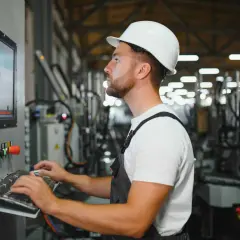 Operator maszyn CNC w białym kasku pracuje przy panelu sterowania, wprowadzając dane na klawiaturze.