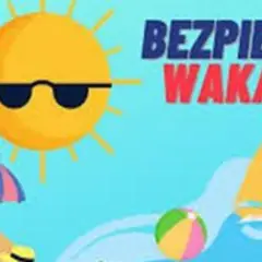 Słońce w okularach, palmy, plaża i koło ratunkowe przypominają o bezpiecznych wakacjach.