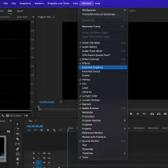 Premiere Pro window showing the "Window" menu open, with "Essential Graphics" highlighted, a key step for how to add text in Premiere Pro.
