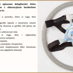 Maska CPAP i lista objawów: ból gardła, suchość w ustach, zmęczenie, chrapanie, bezdech senny.