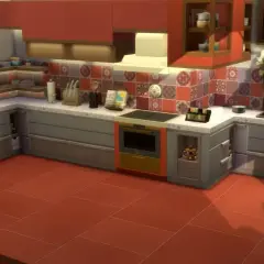 Kuchnia z czerwonymi szafkami i płytkami. W tle okno. Można tu wprowadzić kody na debug the Sims 4, by dodać więcej detali.