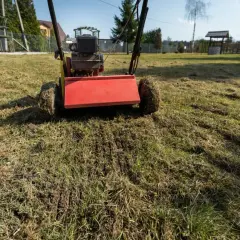 Wertykulator właśnie zakończył pracę na trawniku, pozostawiając po sobie charakterystyczne bruzdy i ściółkę.