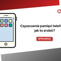 Ilustracja telefonu z ikonami aplikacji. Tekst: "Czyszczenie pamięci telefonu – jak to zrobić?". Przycisk "Sprawdź". Dowiedz się, jak wykonać automatyczne czyszczenie telefonu.