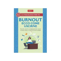 Copertina libro "Burnout Ecco Come Uscirne". Una donna medita alla scrivania, circondata da icone di stress. Utile per chi soffre di burnout mamma come uscirne.