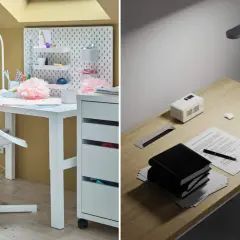 Dos escritorios, uno con un flexo blanco y decoración infantil, otro con un flexo moderno, libros y un móvil.