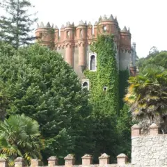 El **palacio de Ocharan**, cubierto de hiedra, se alza entre exuberante vegetación y palmeras, con un muro de piedra en primer plano.