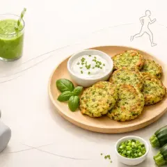 Placki z cukinii na talerzu, obok dipu, zielonego smoothie, cukinii i hantli.