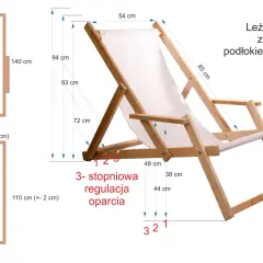 Drewniany leżak ogrodowy z podłokietnikami i zaznaczonymi wymiarami oraz regulacją oparcia.