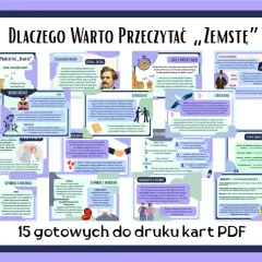Ilustracja przedstawia schemat analizy dramatu "Zemsta" Aleksandra Fredry z podziałem na bohaterów, streszczenie, symbole i znaczenia.