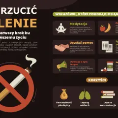 Grafika pokazuje zakaz palenia papierosów i wskazówki, jak rzucić nałóg, by żyć zdrowiej.