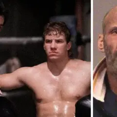 Sylvester Stallone och en ung boxare, kanske Tommy Morrison, bredvid en mugshot av en äldre man.