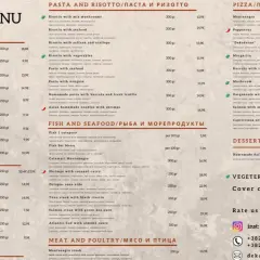 Menu z Czarnogóry: przystawki, makarony, pizza, ryby i owoce morza, mięso i drób, desery. Ceny w euro.