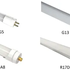 Comparativa de tamaños de tubos led: G5, G13, FA8 y R17D, mostrando sus diferentes conectores.