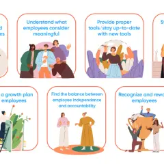 Visual guide to increasing employee morale: measuring, understanding, providing tools, coaching managers, growth plans, balance, and recognition.