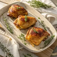 Trois belles cuisses de poulet au four, dorées et savoureuses, garnies de thym frais sur un plat en céramique.