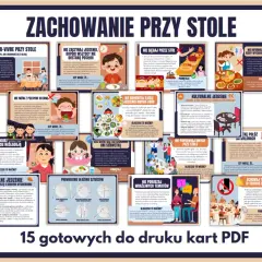 Zasady savoir-vivre przy stole dla dzieci: nie zaczynaj jeść pierwszy, nie mów z pełnymi ustami, nie komentuj jedzenia innych, nie sięgaj przez stół.