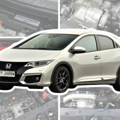 Srebrny Honda Civic 9 z czarnymi felgami i detalami, otoczony zdjęciami silnika.