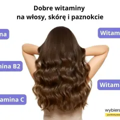 Biotyna na włosy i inne witaminy dla pięknych włosów, skóry i paznokci. Długie, falowane brązowe włosy.