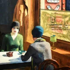 A woman in a green dress and black hat sits at a table, a small teapot before her. Hopper's "Chop Suey" captures a moment of quiet contemplation.