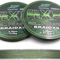 Jaka plecionka na szczupaka? Dwie szpulki zielonej plecionki Miracle Fish Braid X8, 300m, 0.40mm (72.8kg) i 0.35mm (67.2kg).