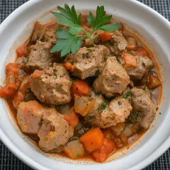 Sabroso estofado de carne de cerdo con tomate de la abuela, trozos tiernos de carne en una salsa casera con cebolla y perejil.