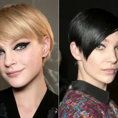 Dwie modelki prezentują odważne fryzury pixie bob. Jedna z blond włosami i wyrazistym makijażem oczu, druga z czarnymi włosami i asymetryczną grzywką.