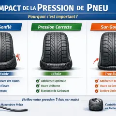 Illustration montrant les dangers d'un pneu sous-gonflé, sur-gonflé ou à pression correcte. Évitez les pneus qui causent surchauffe et usure des flancs.
